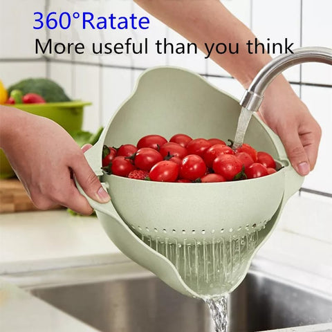 360° Rotation Double Drainer  Kitchen Washing Rice Sieve Fruit Vegetable Storage Basket