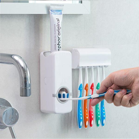 Plastic Tooth Brush Holder Automatic Toothpaste Dispenser Wall Mount