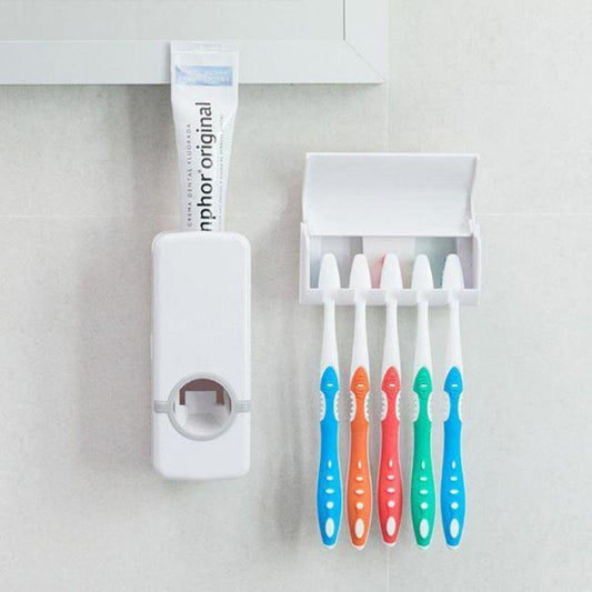 Plastic Tooth Brush Holder Automatic Toothpaste Dispenser Wall Mount